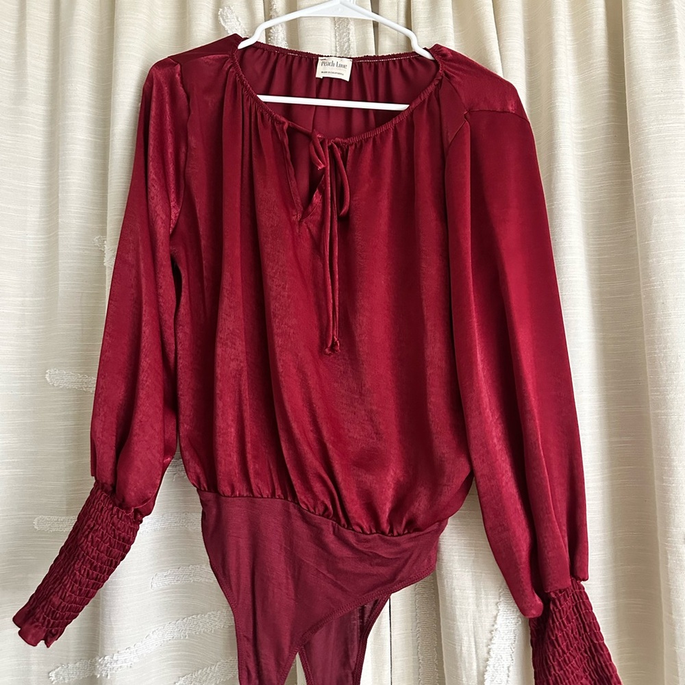 Peach Love California Wine Red Satin Tie-Neck Bodysuit